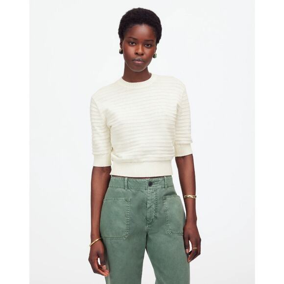 Madewell Textural-Stitch Cotton Sweater WMNS XS Cream Ribbed Trim Short Sleeve - Picture 1 of 8